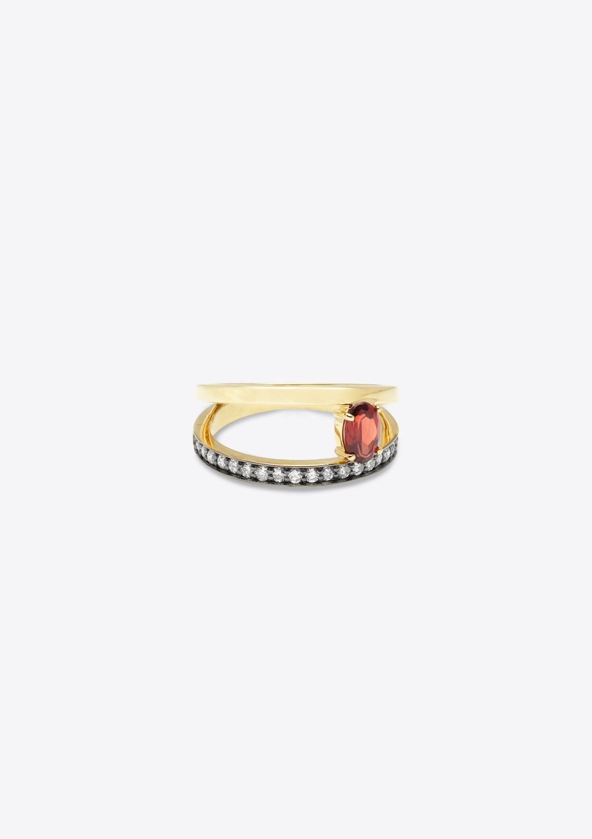 ring with diamond-set gold band with a plain gold band asymmetrically above, joined by an oval garnet. front on, on grey background
