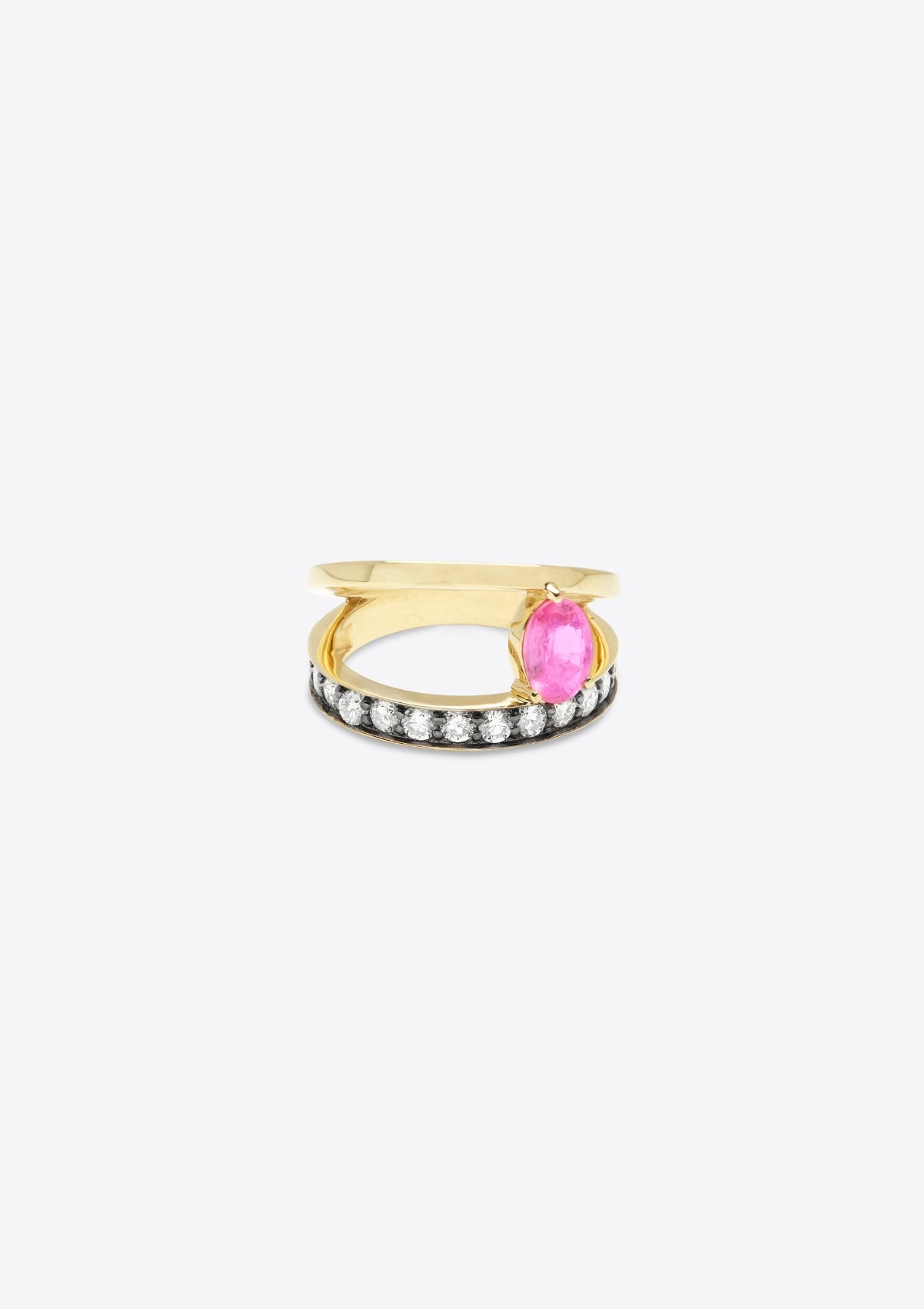 ring with diamond-set gold band, asymmetric plain band above, joined by an oval pink sapphire. front on. grey background