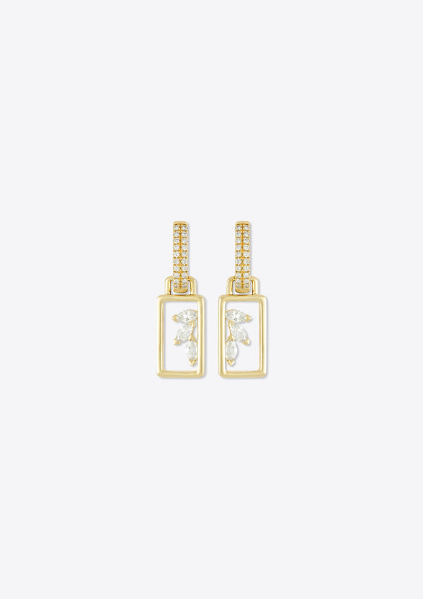 Gold rectangular pendant earrings with marquise diamonds and pave diamond huggies