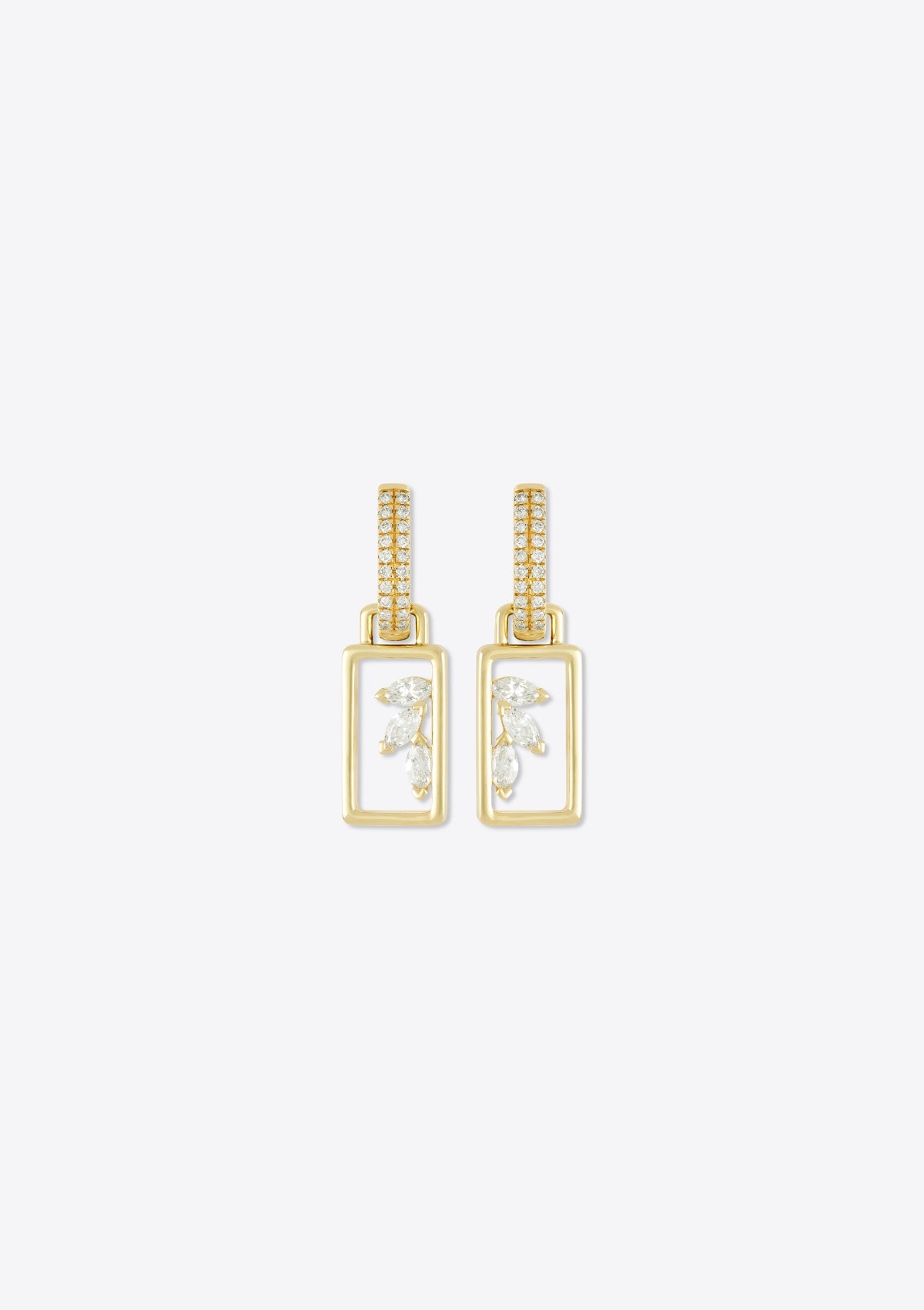 Gold rectangular pendant earrings with marquise diamonds and pave diamond huggies