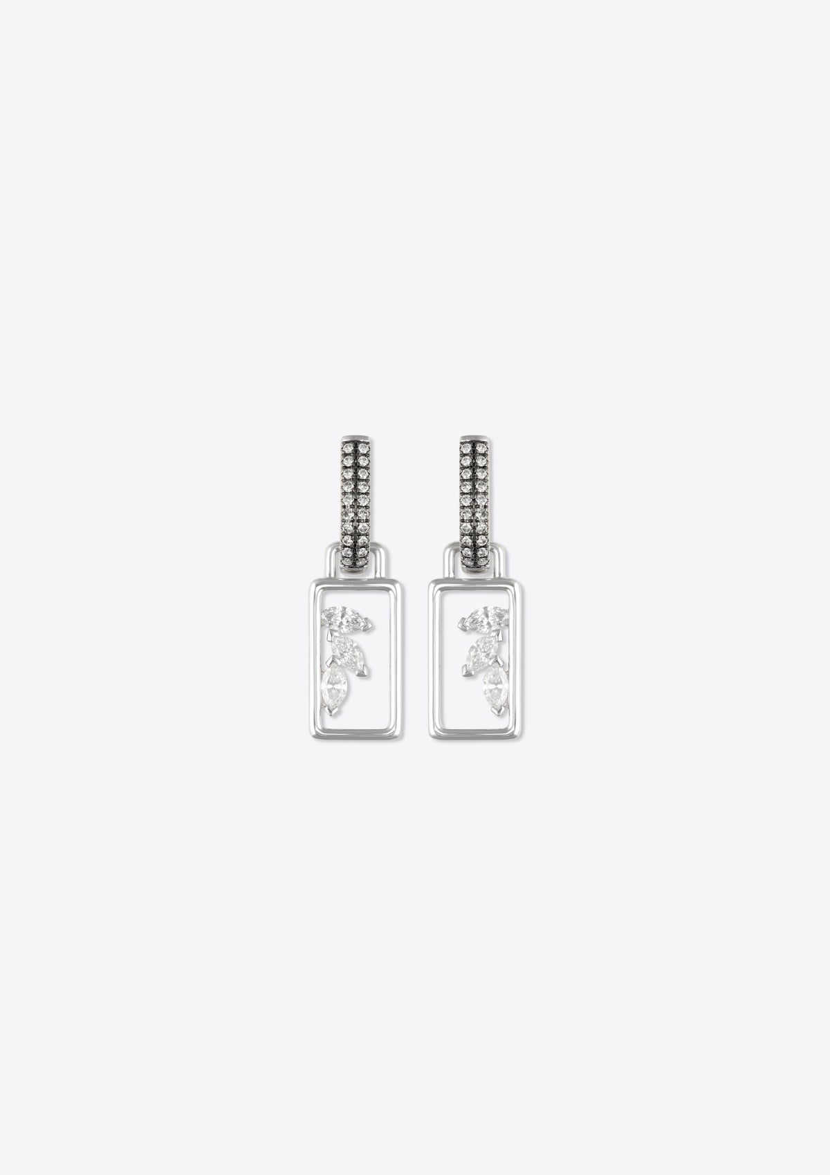 white gold rectangular pendant earrings with marquise diamonds and pave diamond huggies. front facing, on grey background