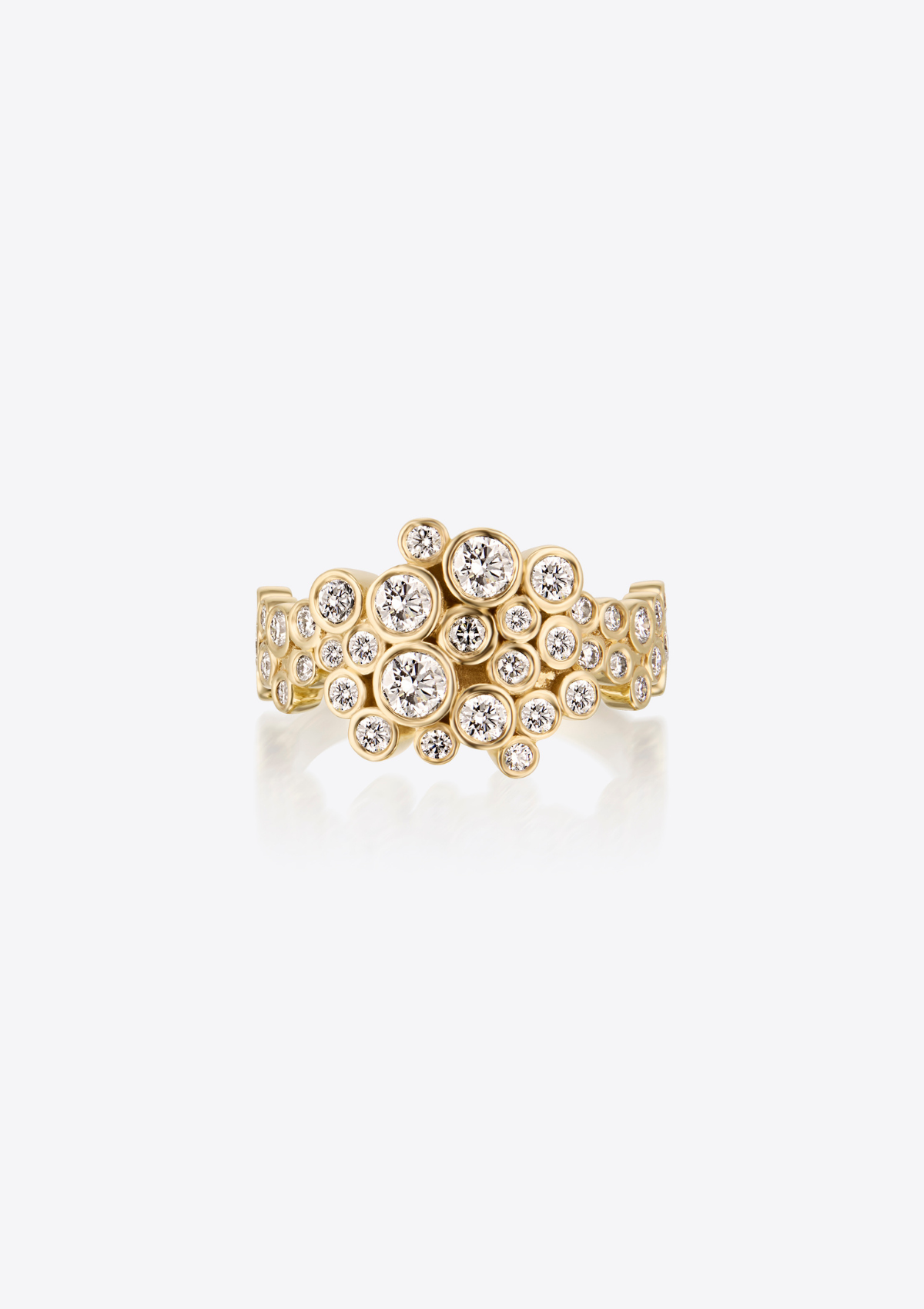Front view of a gold ring with diamonds clustered together in a bubble formation on a white background