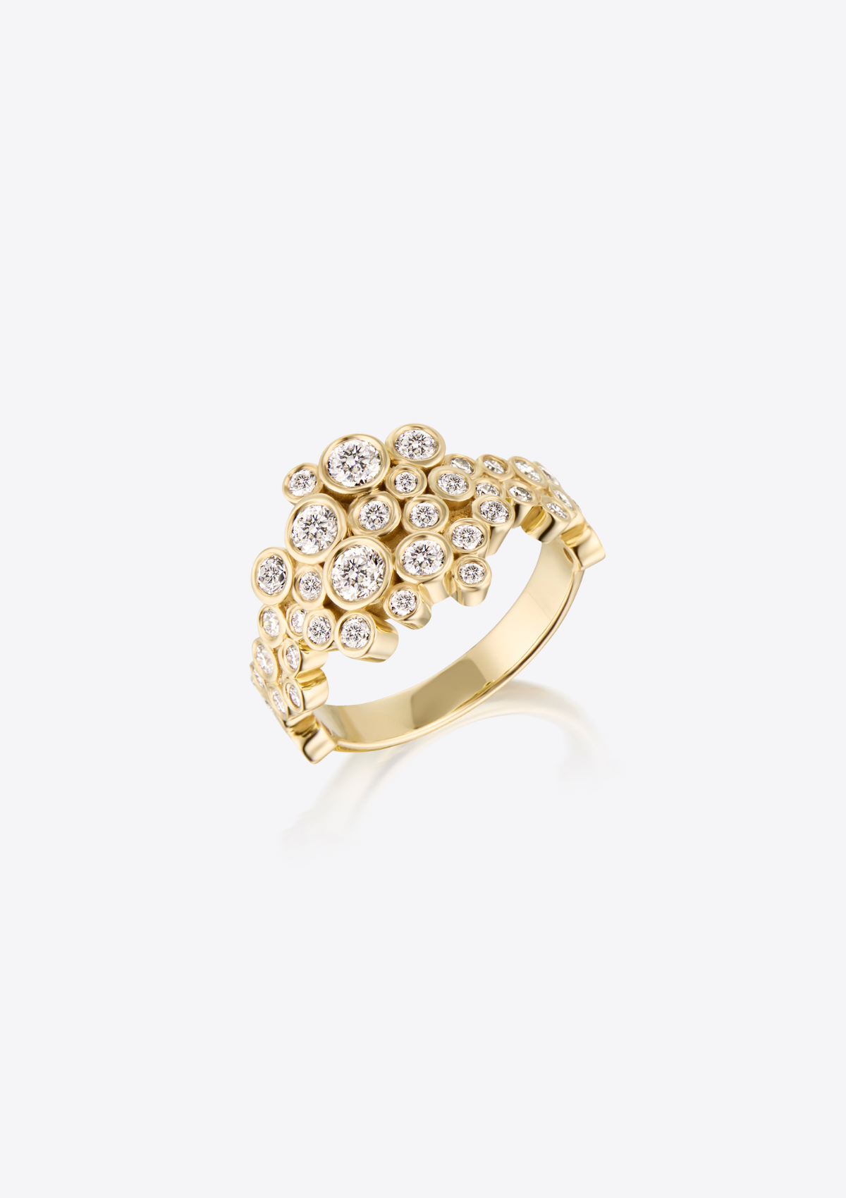 Top down view of a gold ring with many diamonds joined together on a white background