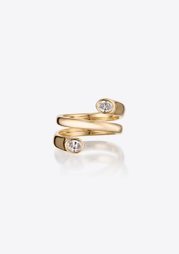 Gold ring in coil formation with 2 oval diamonds