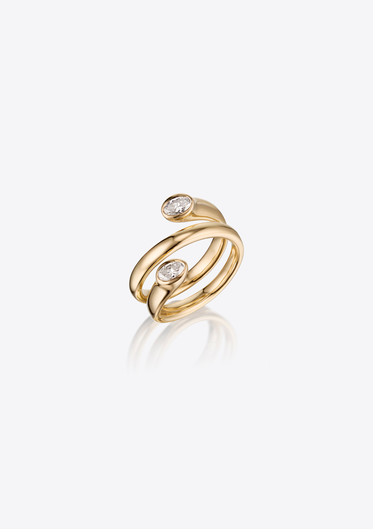 top down view of gold ring that wraps around finger with 2 oval diamonds at either end.
