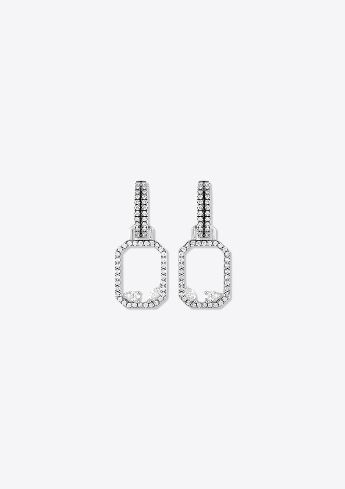 front view of white gold rectangular geometric pendant earrings made from pear, round, marquise diamonds and diamond huggies. on grey background