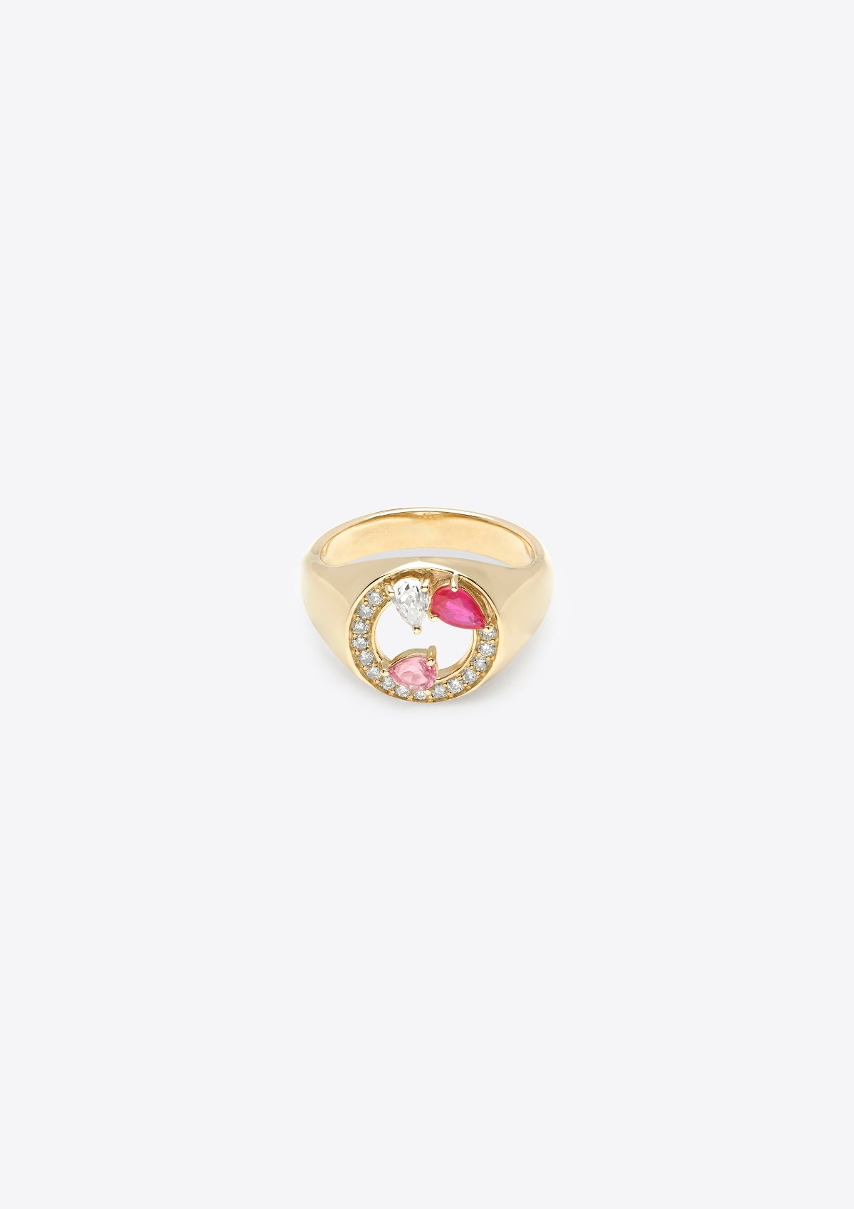 front view of gold signet ring with asymmetric pink sapphires and diamonds in pear shape and round shape