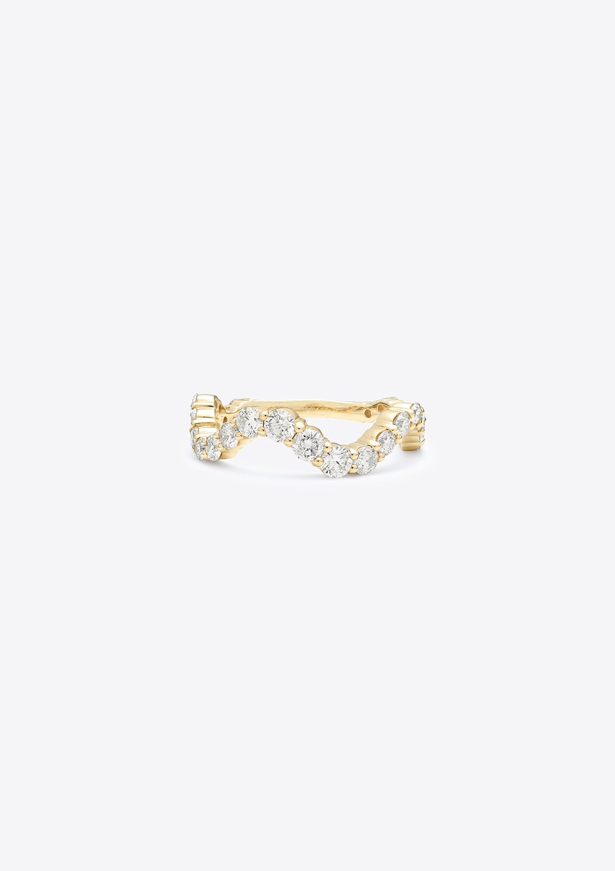 wavy, sculptural diamond eternity band with graduating sized diamonds. top down view, grey background