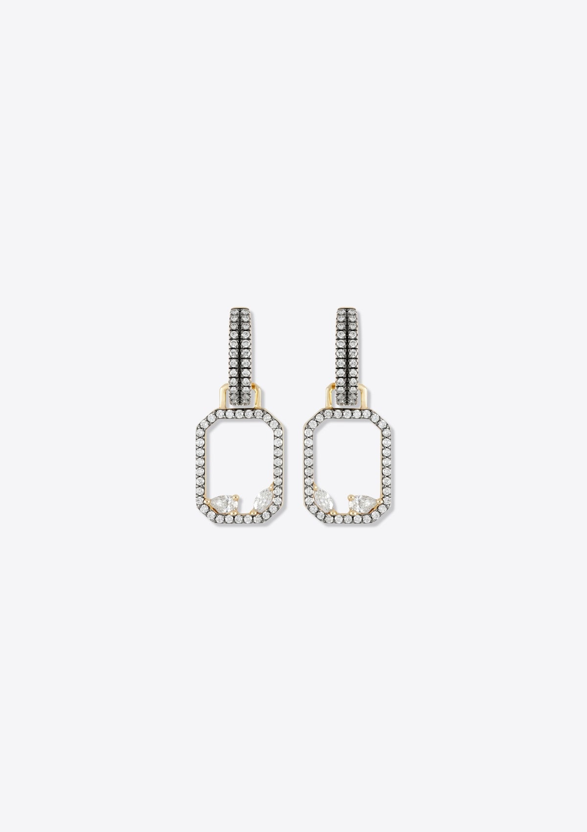 front view of yellow gold rectangular pendant geometric earrings made from pear, round, marquise diamonds and diamond huggies. on grey background