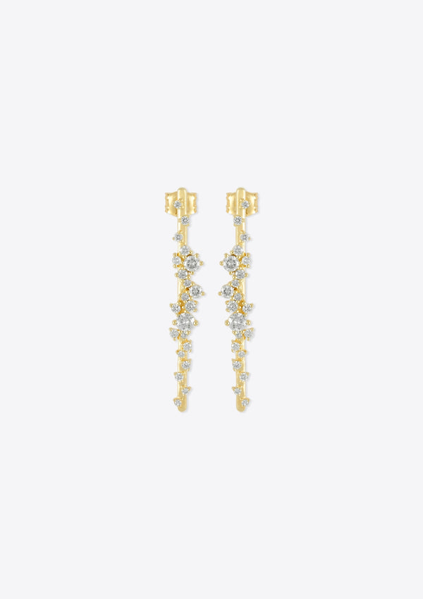 front view of drop earrings with clusters of round shaped diamonds unevenly placed