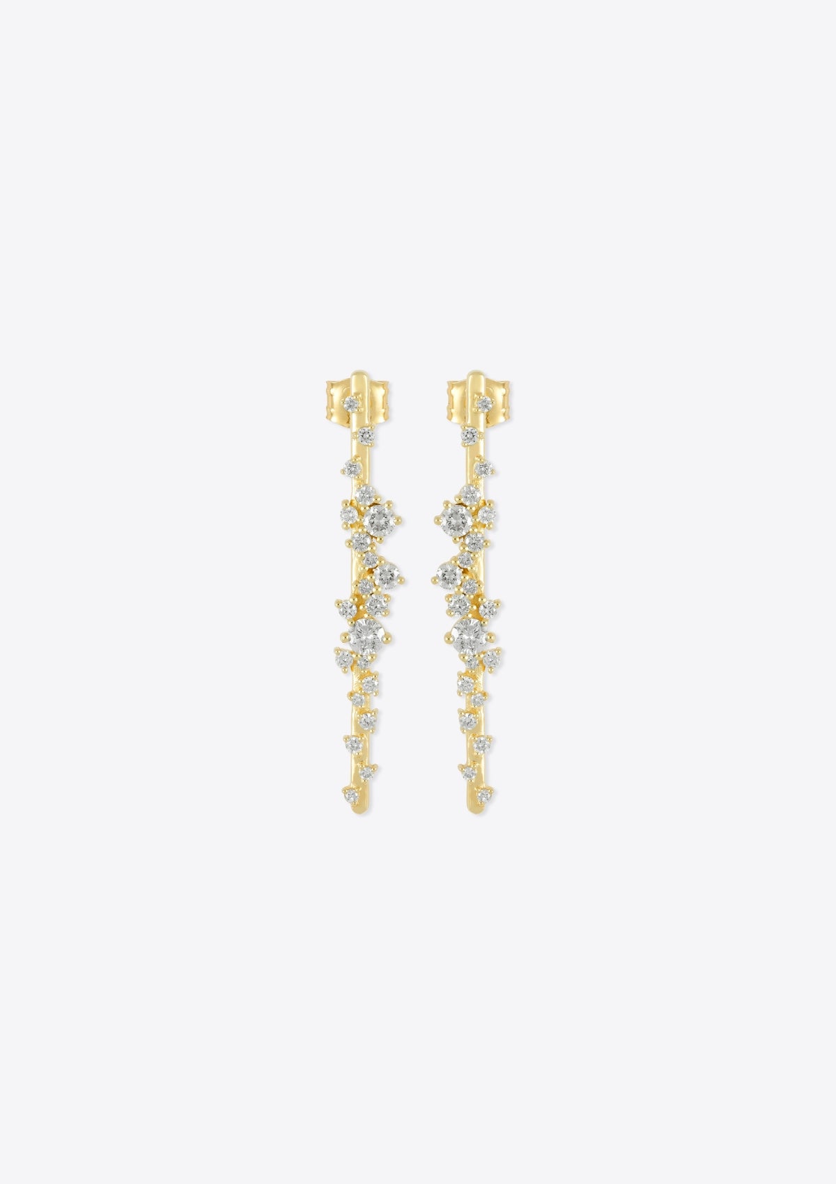 front view of drop earrings with clusters of round shaped diamonds unevenly placed