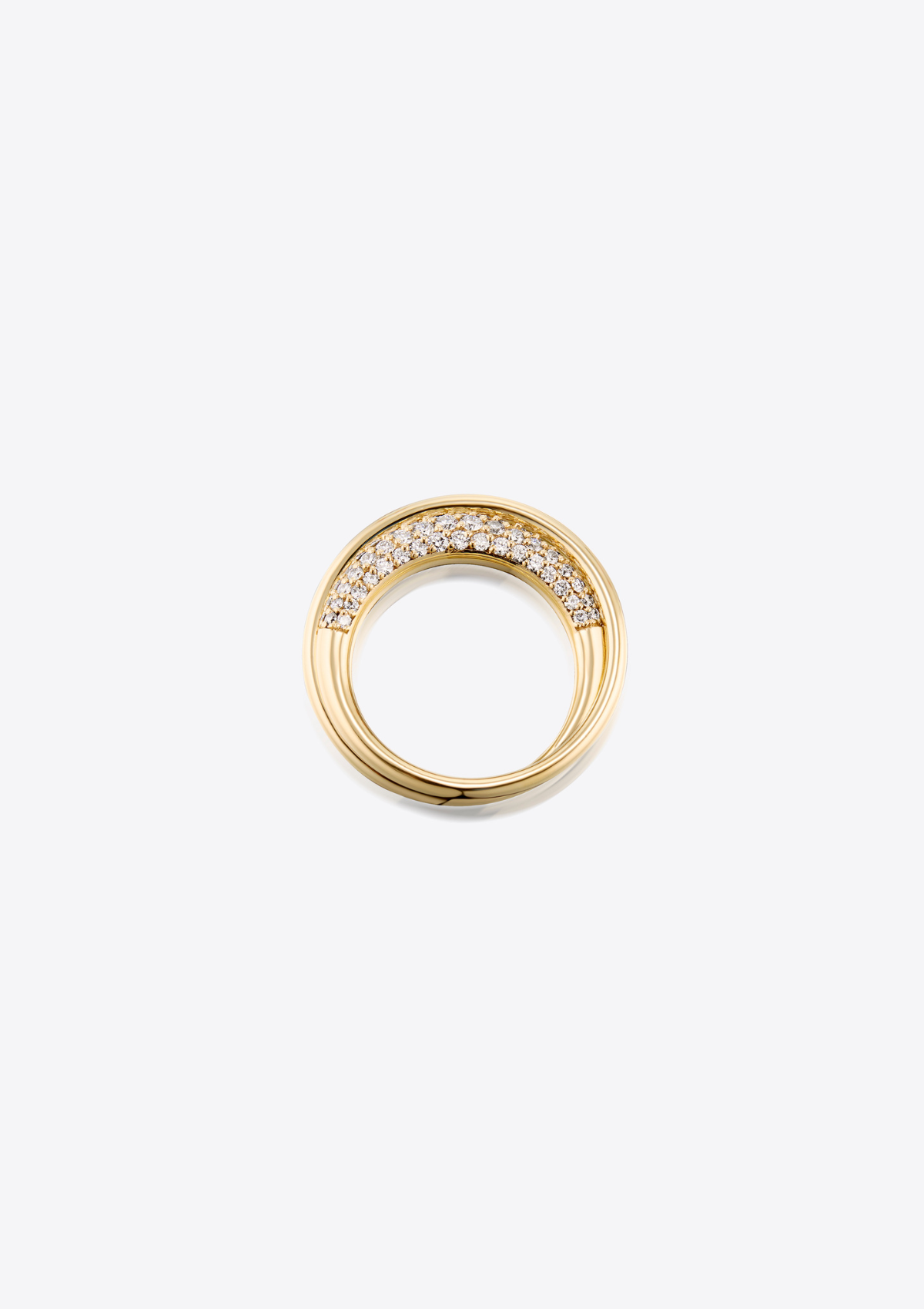 Gold sculptural infinity loop ring with pave diamonds on a grey background