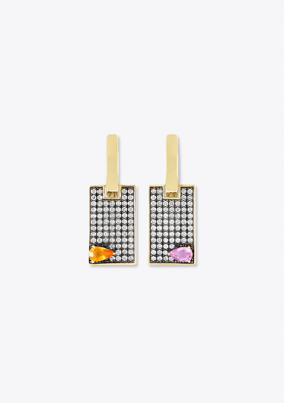 pave diamond huggies and rectangular pave diamond pendant, pink and orange pear-cut sapphires on grey background