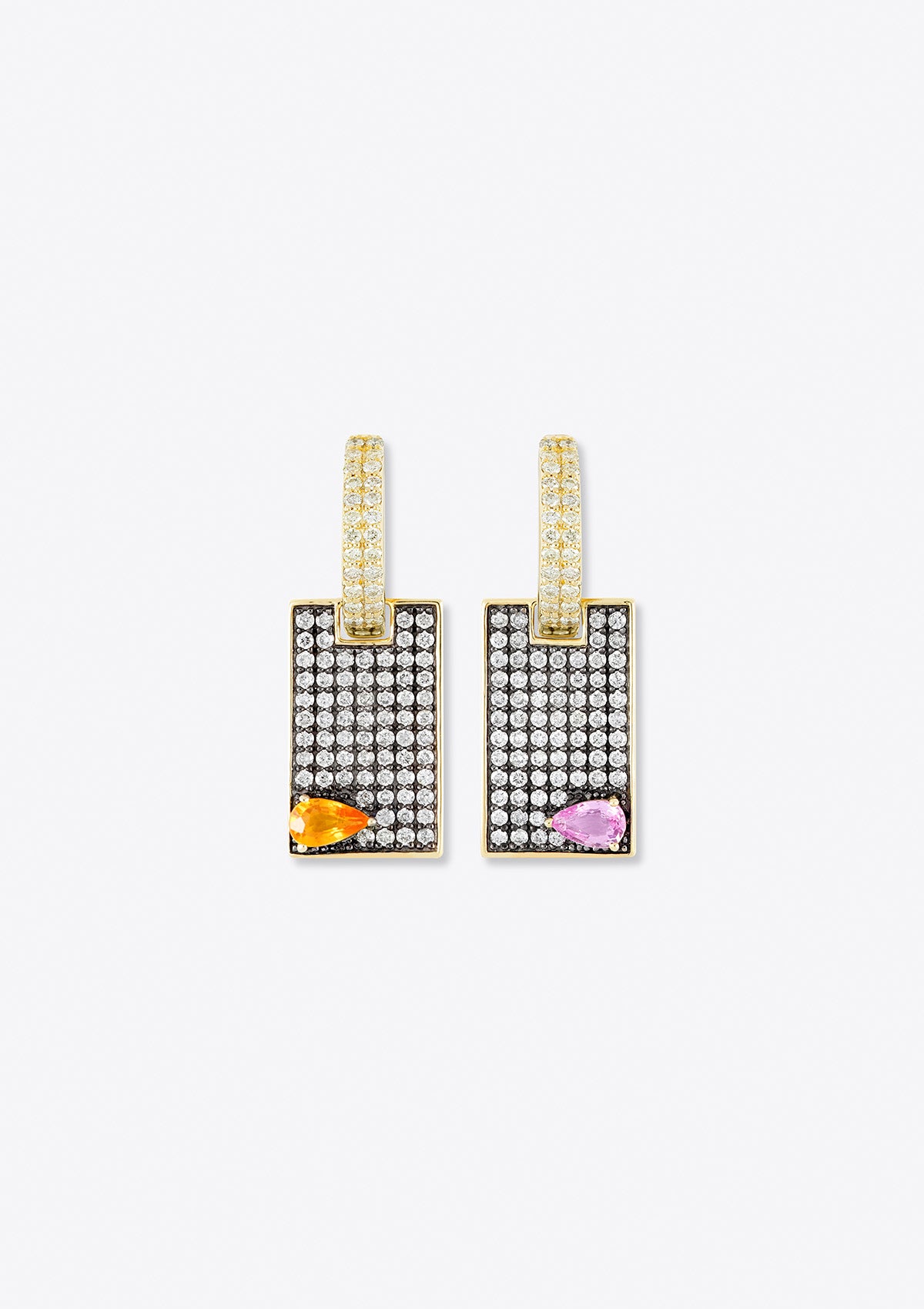 pave diamond huggies and rectangular pave diamond pendant, pink and orange pear-cut sapphires on grey background