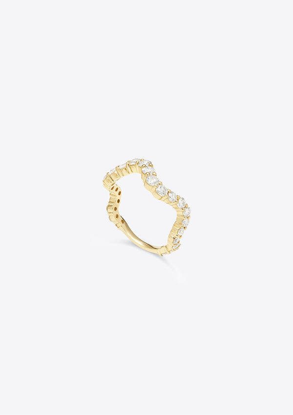 wavy, sculptural diamond eternity band with graduating sized diamonds. top down view, grey background