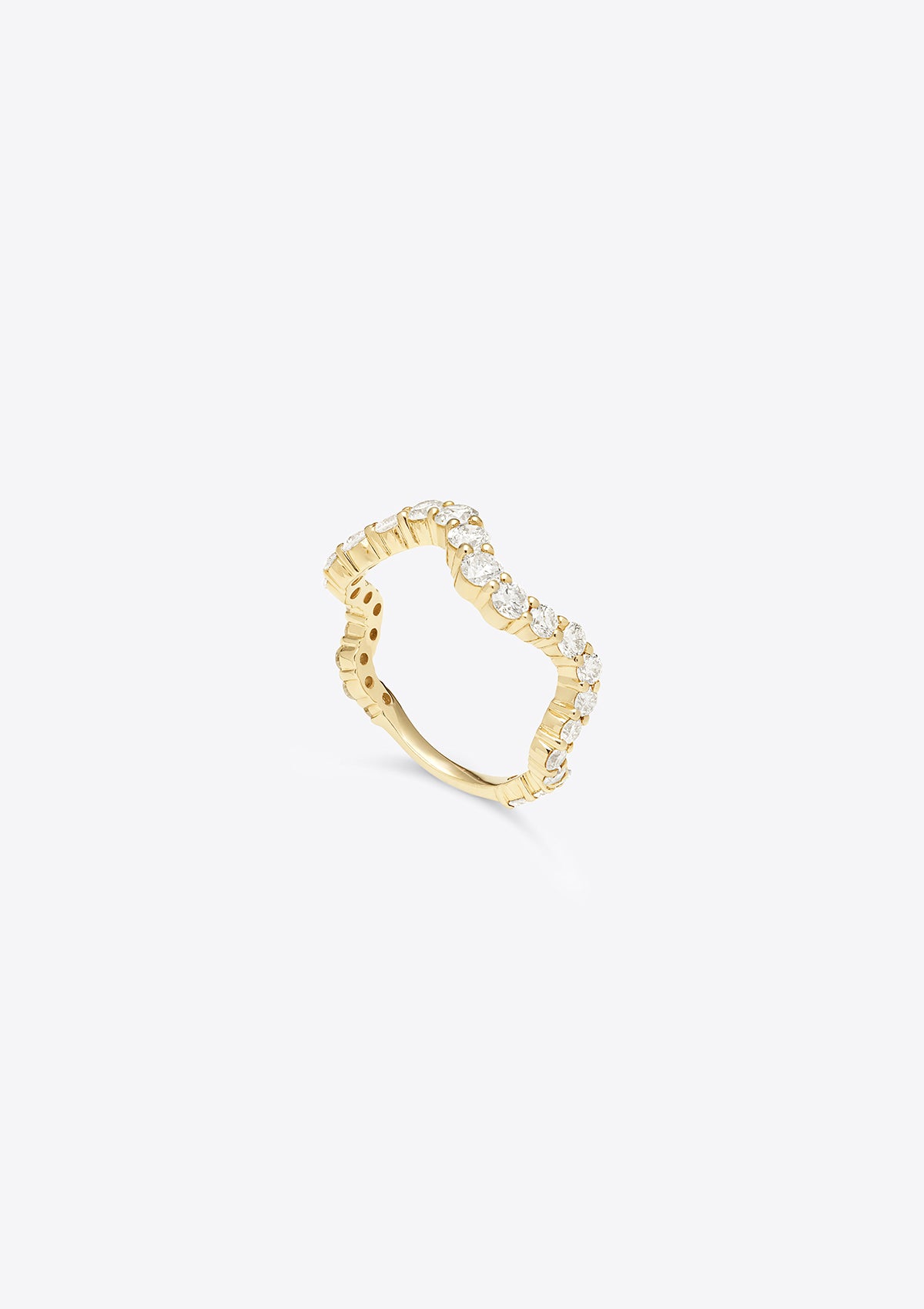 wavy, sculptural diamond eternity band with graduating sized diamonds. top down view, grey background