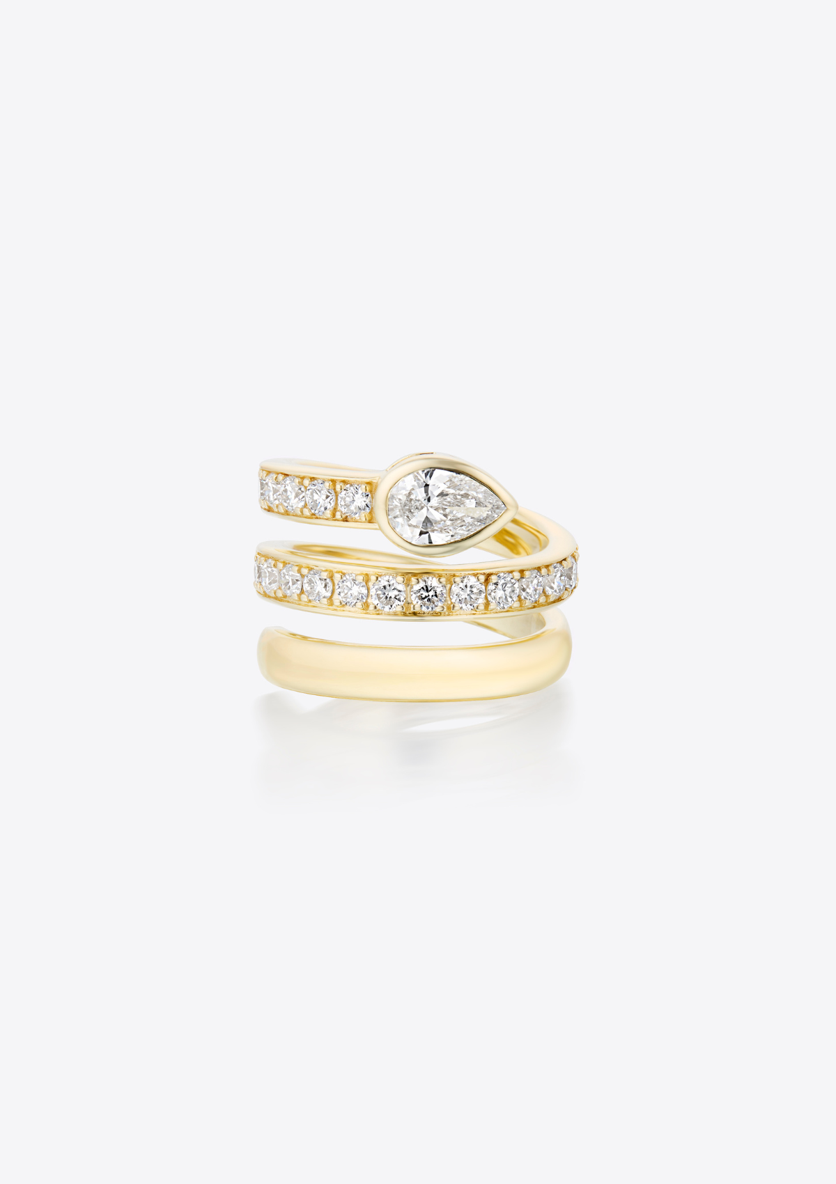 Yellow gold ring with a pear-shaped diamond on a spiral band with round diamonds on a white background